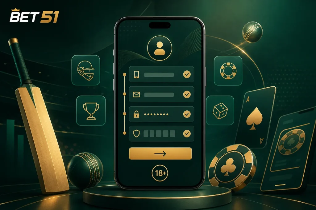 Bet51 India registration guide with phone email password and 18 plus account setup visual